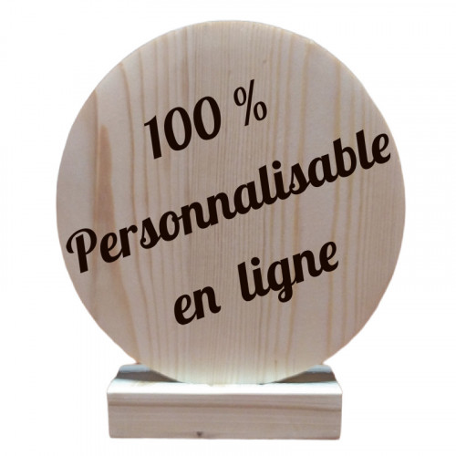 Round wooden trophy with engraved stand