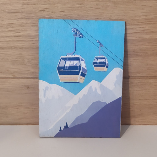 Carte postal en bois télécabine et montagne