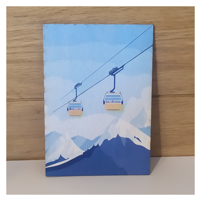 Carte postal en bois télécabine et montagne alpes