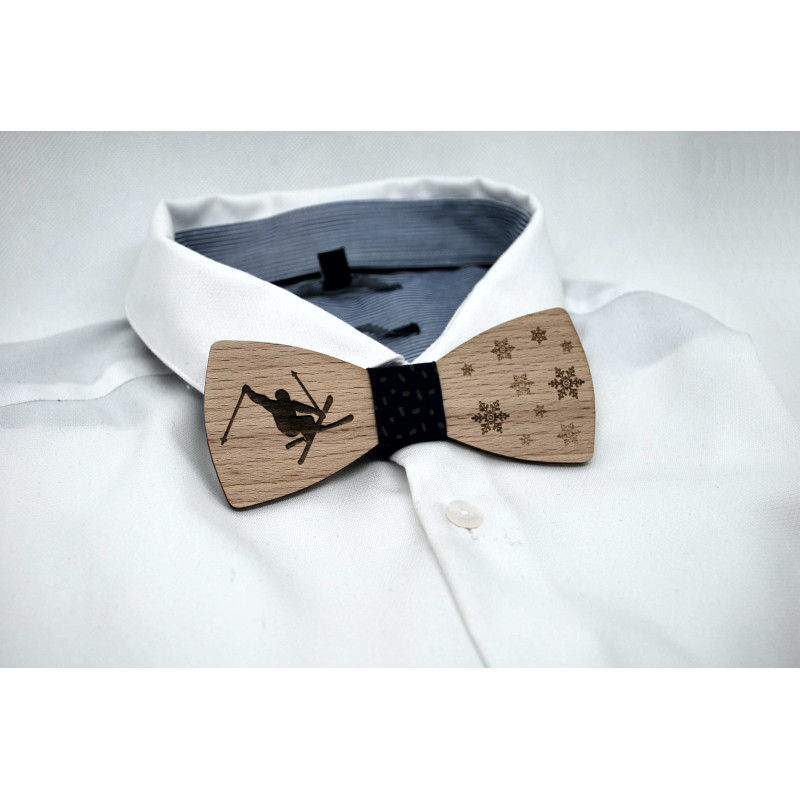 Ski motif wooden bow tie