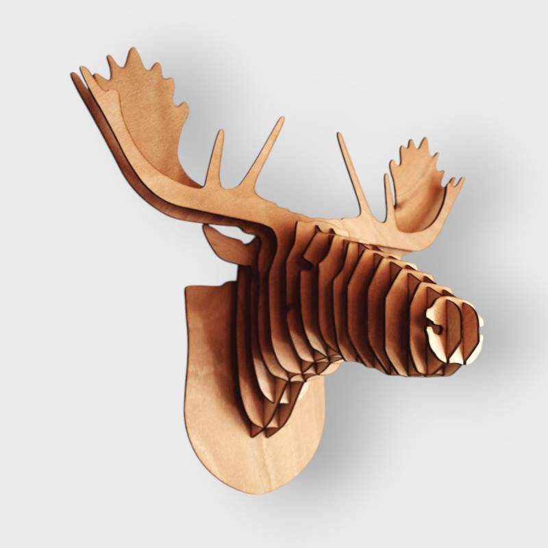Tête de caribou élan 3D en bois — puzzle 35 cm contreplaqué, fabriqué en France