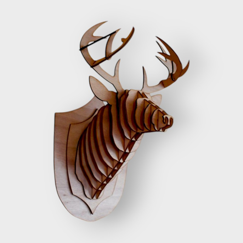 Tête de cerf 3D en bois — puzzle 40 cm contreplaqué, fabriqué en France