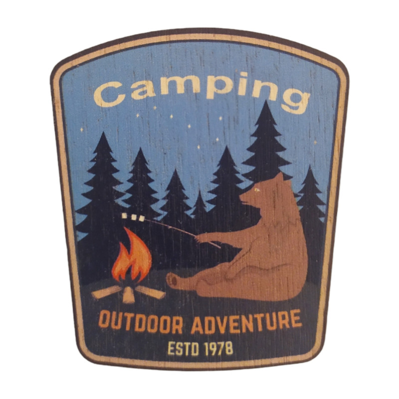 Décoration murale en bois Camping 1 — ours feu de camp, contreplaqué 3mm, fabriquée en France