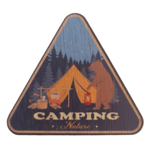 Magnet imprimé en bois Camping — 5 cm, contreplaqué 3mm, fabriqué en France