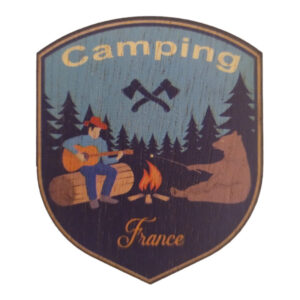 Magnet imprimé en bois Camping — 5 cm, contreplaqué 3mm, fabriqué en France