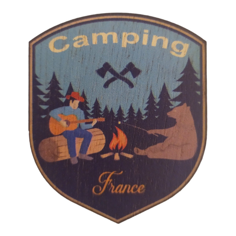 Magnet imprimé en bois Camping — 5 cm, contreplaqué 3mm, fabriqué en France