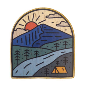 Magnet imprimé en bois Montagne et Tente — 5 cm, contreplaqué 3mm, fabriqué en France