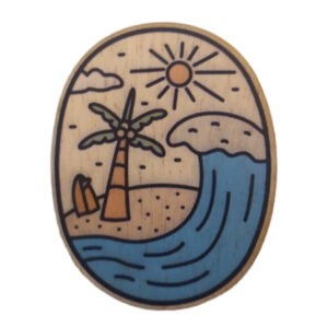 Magnet imprimé en bois Surf et Palmier — 5 cm, contreplaqué 3mm, fabriqué en France