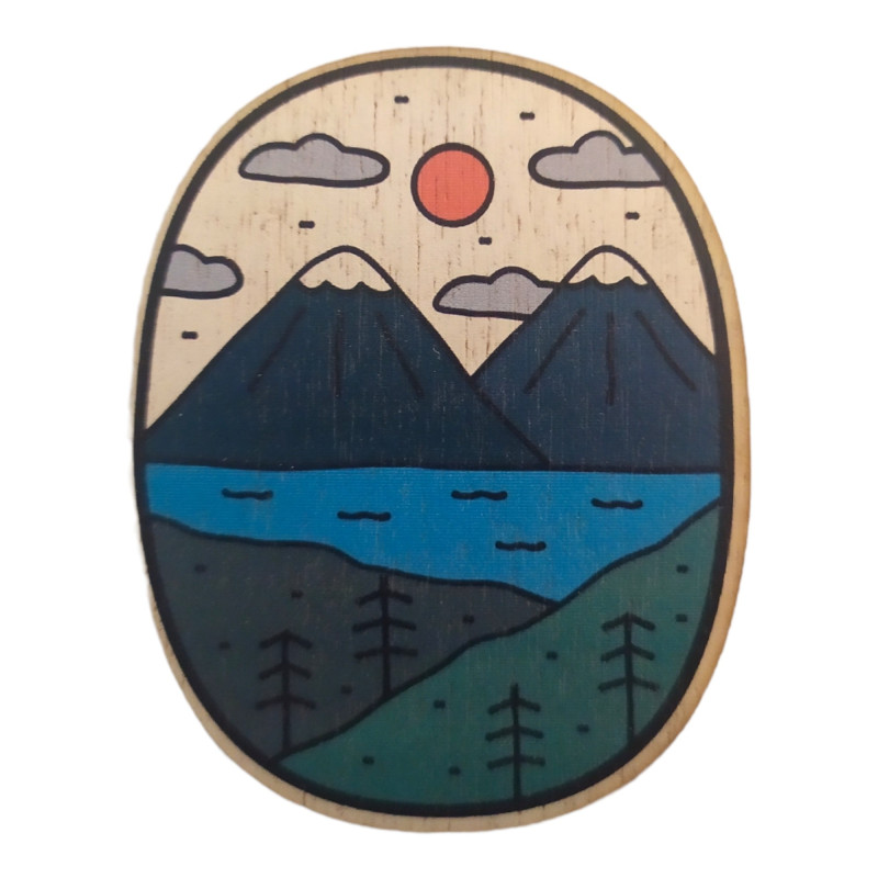Magnet imprimé en bois Volcan et Lac — 5 cm, contreplaqué 3mm, fabriqué en France