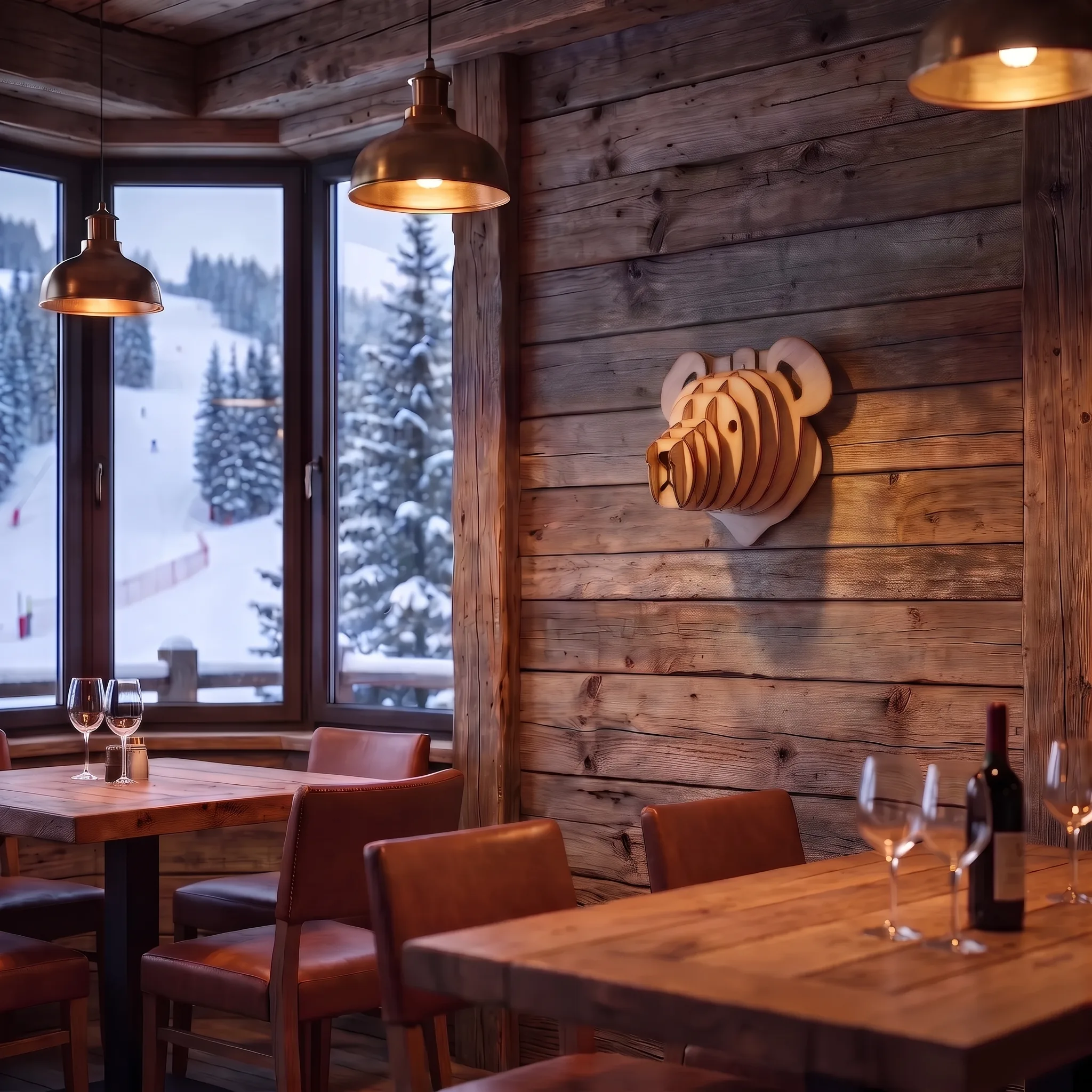 Osezno de madera colgado en la pared de un restaurante de montaña con vistas a una pista nevada