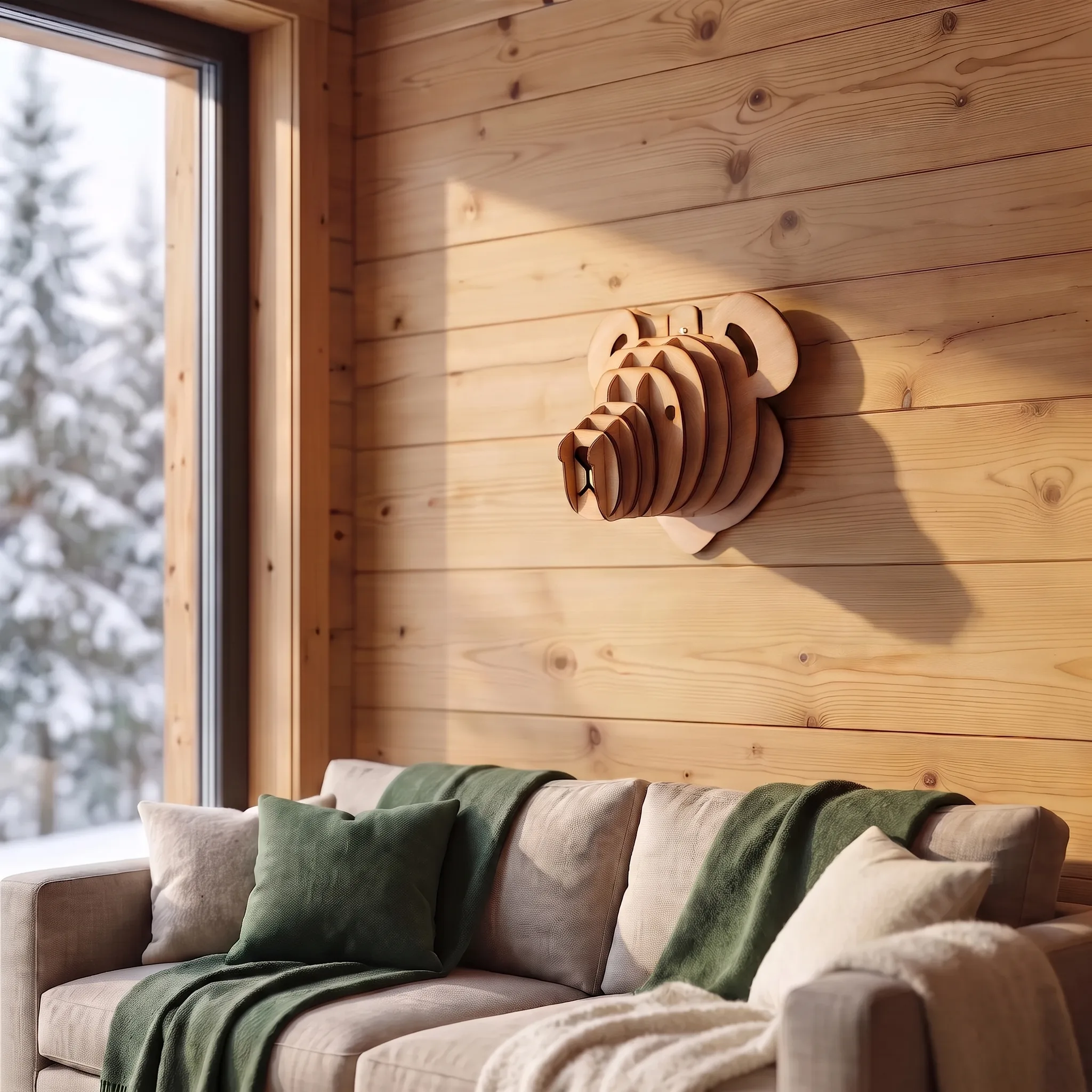 Osezno de contrachapado de 33 cm colgado en la pared de un chalet de montaña, 3D Mountain