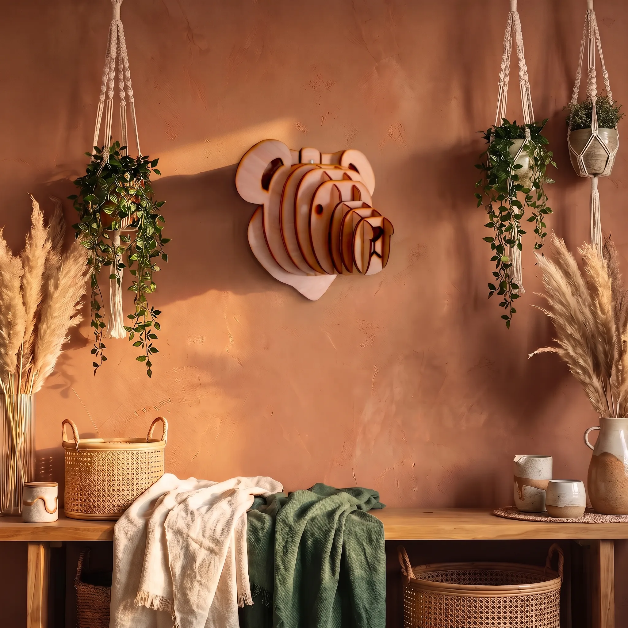 Osezno de madera de 33 cm en la pared con una decoración bohemia en terracota y plantas colgantes