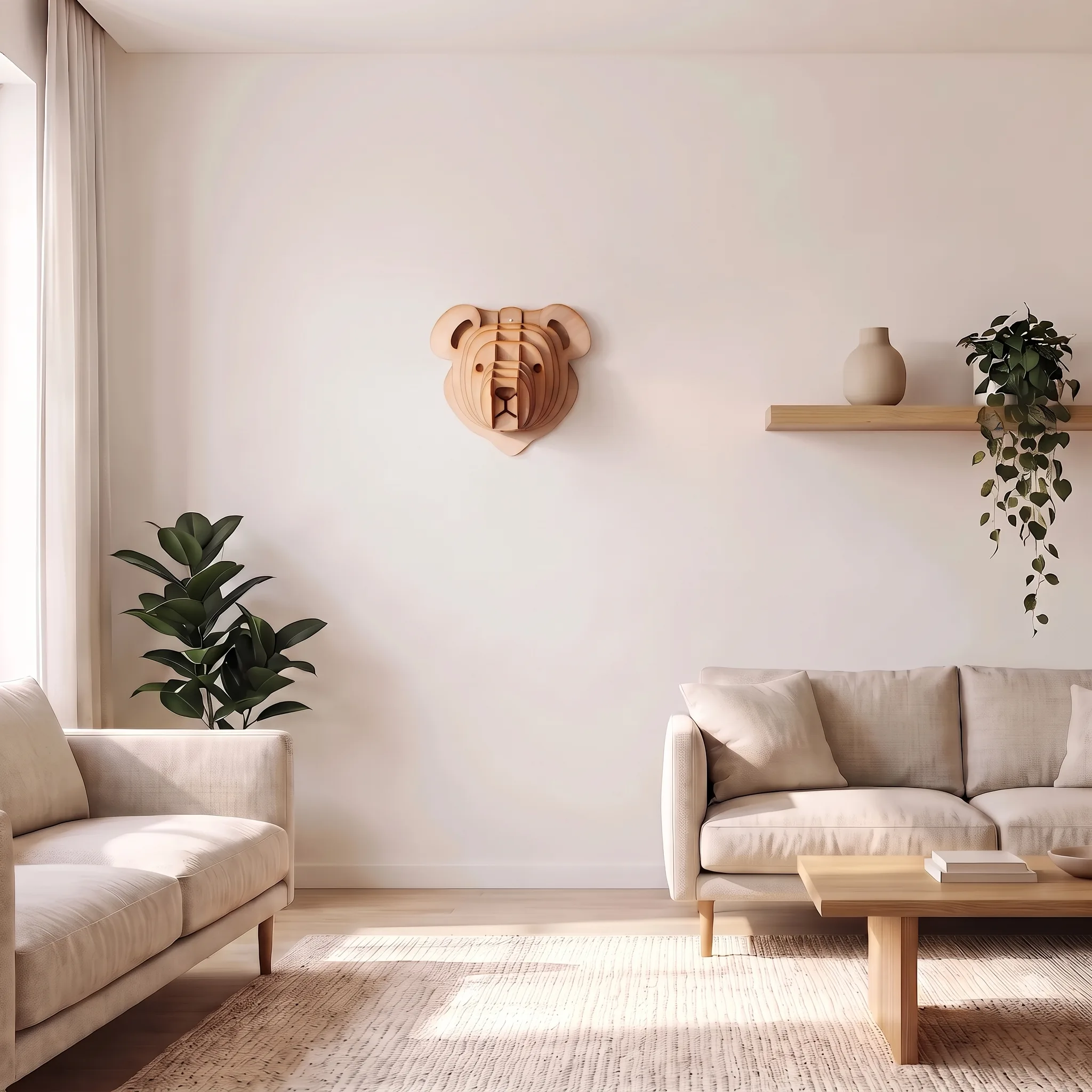 Osezno de madera de 33 cm colgado en la pared de un salón escandinavo minimalista, fabricado en Francia