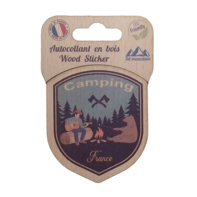 Sticker en bois Camping France — 10,4x7 cm, biodégradable, fabriqué en France