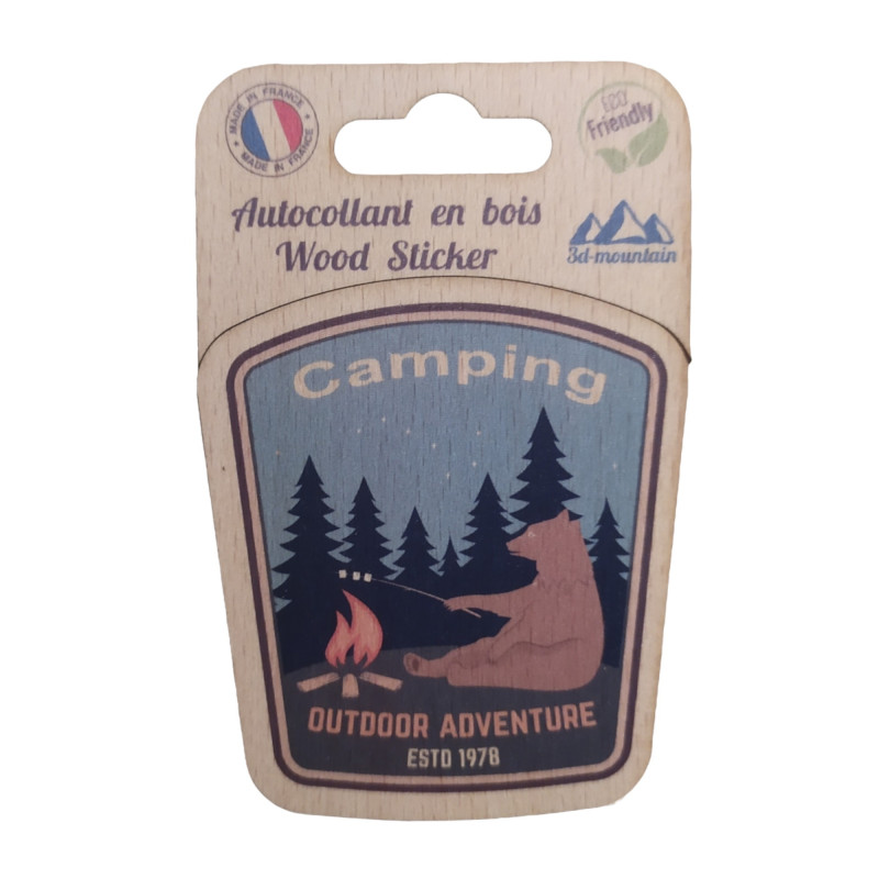 Sticker en bois Camping Outdoor — 10,8x7 cm, biodégradable, fabriqué en France