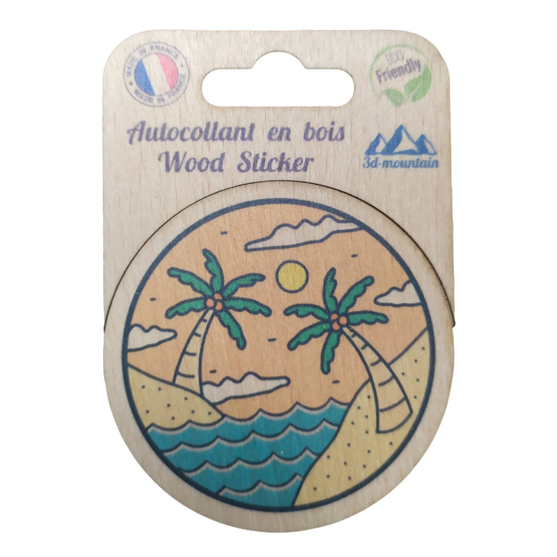 Sticker en bois Mer et Palmier — 10,1x7 cm, biodégradable, fabriqué en France
