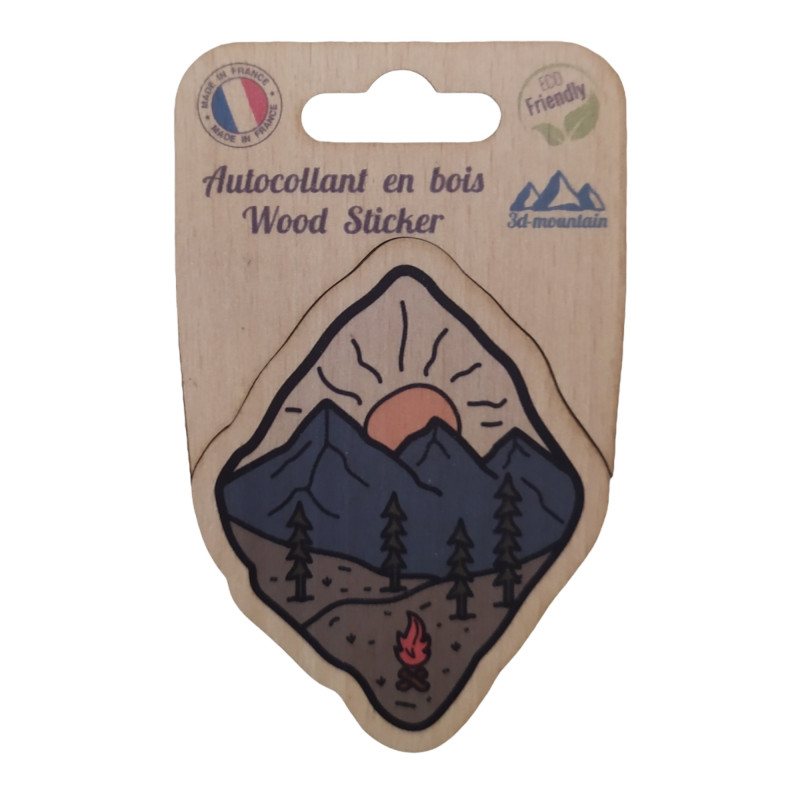 Sticker en bois Montagne et Feu — 11,1x7 cm, biodégradable, fabriqué en France