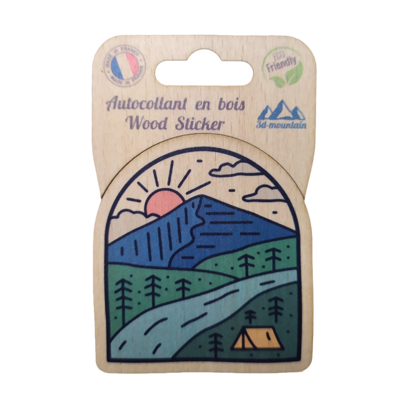 Sticker en bois Montagne et Tente — 10,7x7 cm, biodégradable, fabriqué en France