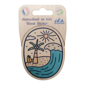 Sticker en bois Surf et Palmier — 11,1x7 cm, biodégradable, fabriqué en France