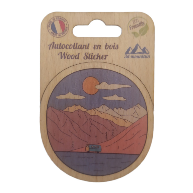 Sticker en bois Van et Montagne — 10,5x7 cm, biodégradable, fabriqué en France