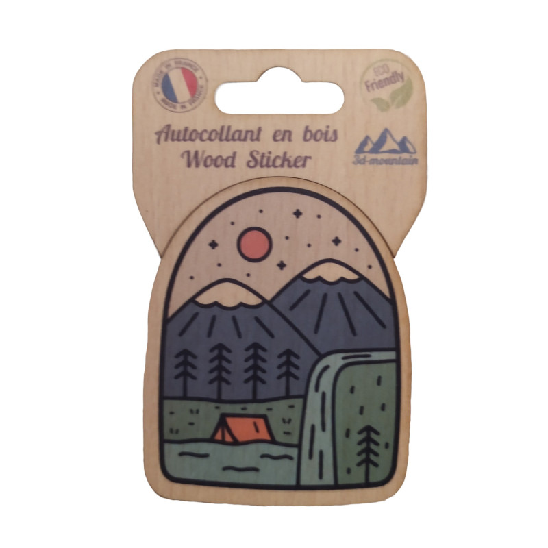 Sticker en bois Volcan et Tente — 11x7 cm, biodégradable, fabriqué en France