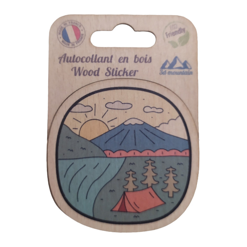 Sticker en bois Volcan et Tente — 10,1x7 cm, biodégradable, fabriqué en France