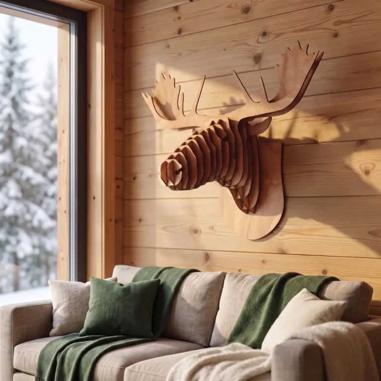 Tête de caribou en bois accrochée dans le salon d'un chalet de montagne