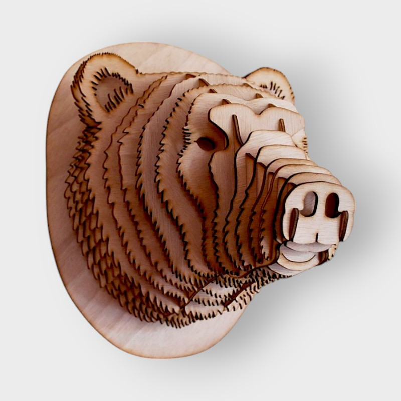 Tête d ours 3D en bois 30 cm — puzzle contreplaqué, fabriqué en France
