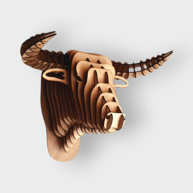 Tête de taureau en bois grand format 64 cm — puzzle contreplaqué, fabriqué en France