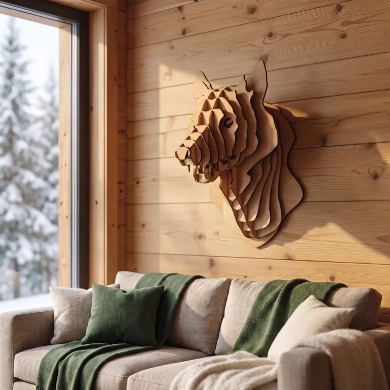 Wolfskopf aus Holz im Wohnzimmer eines Bergchalets