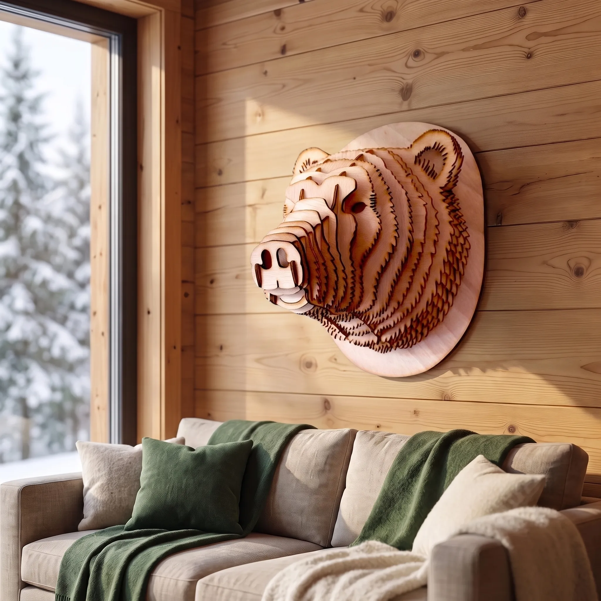 Bärenkopf aus Holz 3D-Puzzle, Wanddekoration Berghütte, hergestellt in Frankreich