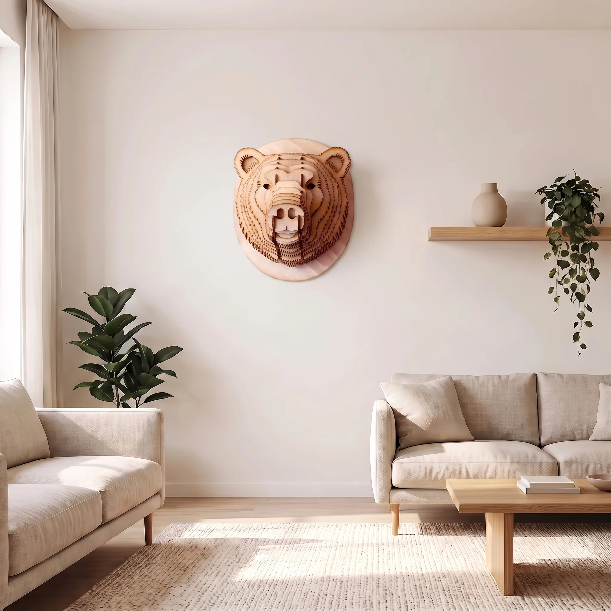 Bärenkopf aus Holz 3D-Puzzle, montiert an der Wand eines minimalistischen skandinavischen Wohnzimmers