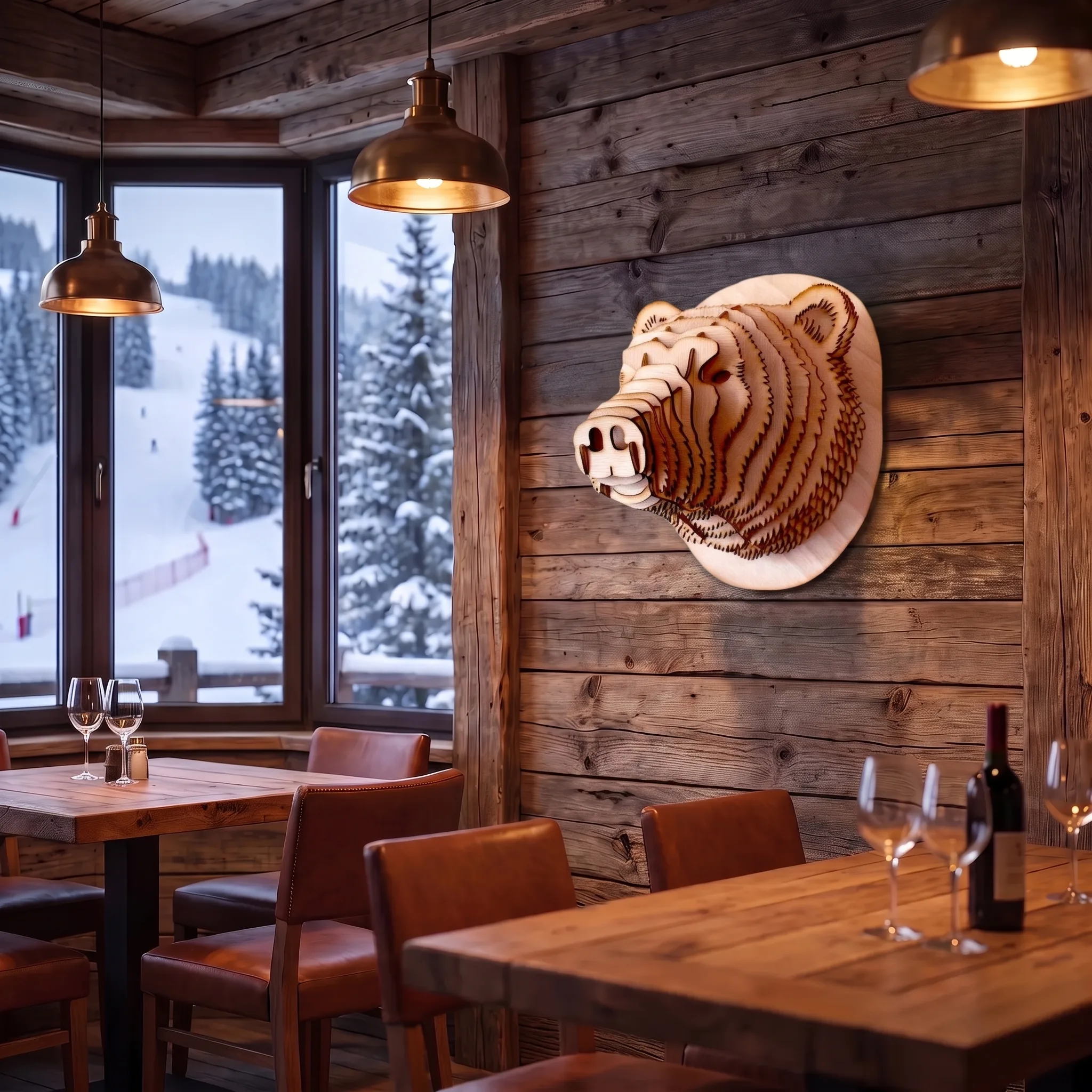 Bärenkopf aus Holz als 3D-Puzzle, montiert an einer Chalet-Wand mit Blick auf eine verschneite Piste