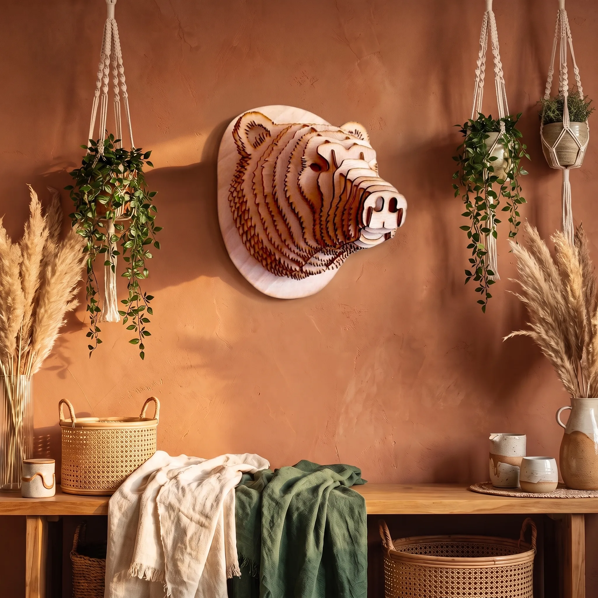 Bärenkopf aus Holz 3D-Puzzle zur Wandmontage in natürlicher Boho-Dekoration — 3D Mountain