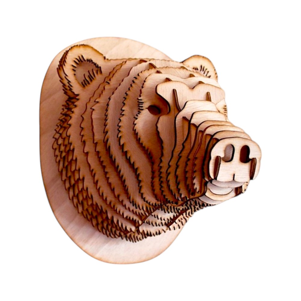 Bärenkopf aus Holz 3D-Puzzle, schichtweise gesägtes Sperrholz, hergestellt in Frankreich von 3D Mountain