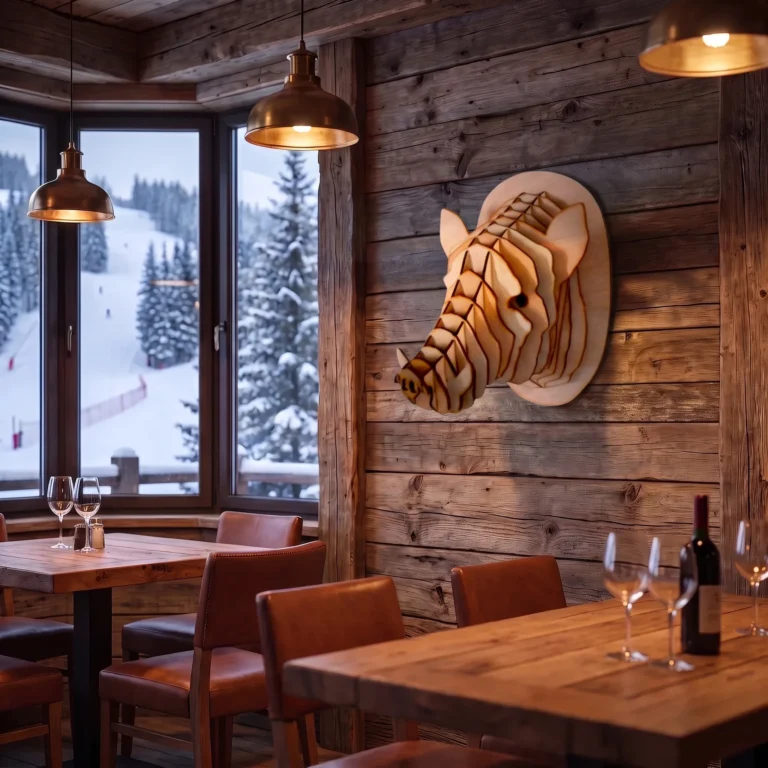 Cabeza de jabalí de madera colgada en la pared de un restaurante de montaña