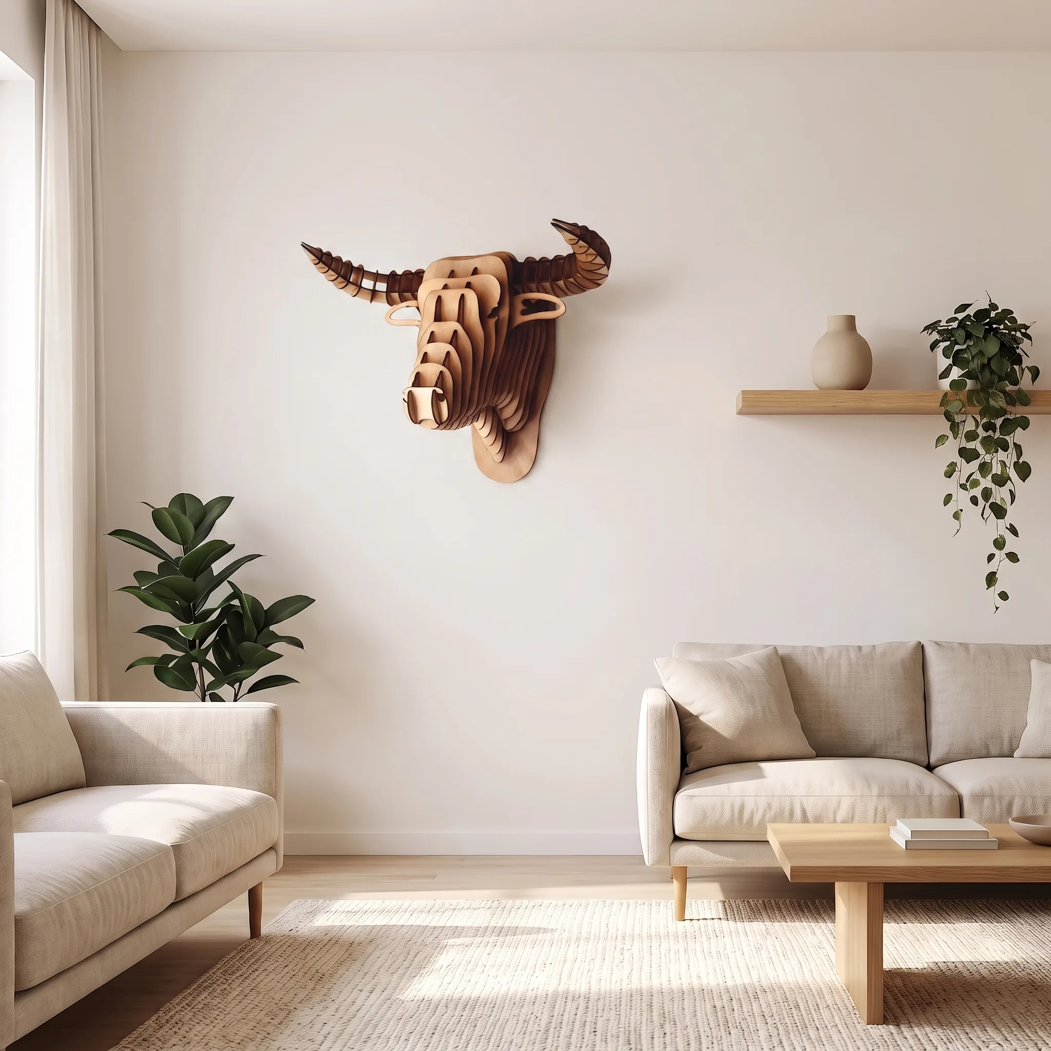 Cabeza de toro de madera, rompecabezas 3D montado en la pared de una sala de estar moderna, decoración de pared artesanal 3D Mountain