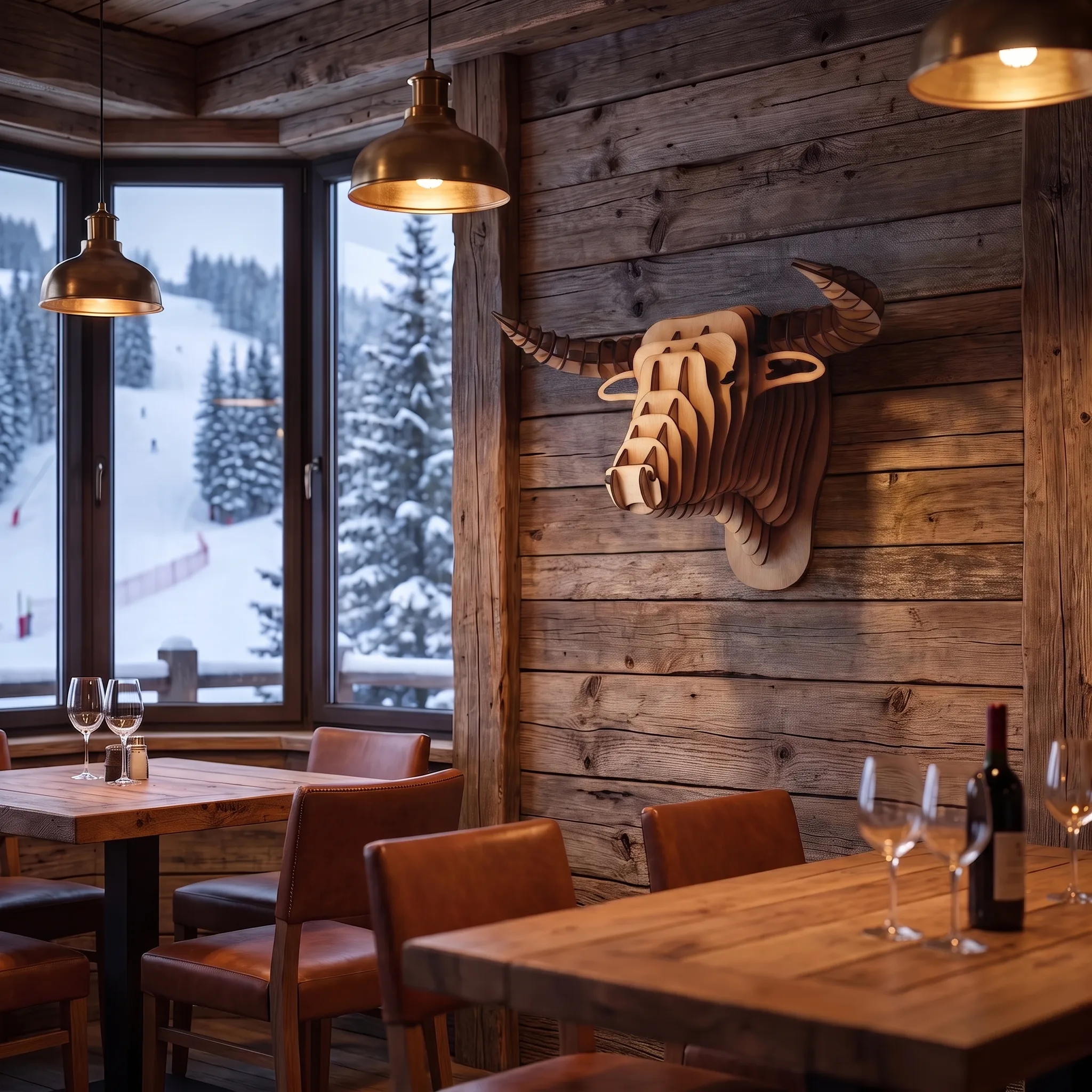 Cabeza de toro de madera en puzle 3D montada en la pared de un restaurante de montaña nevado tipo chalet