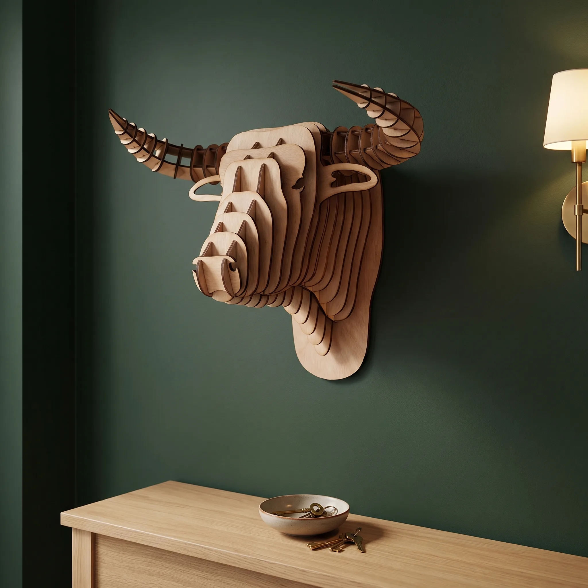 Cabeza de toro de madera, rompecabezas 3D montado en la pared, decoración de interiores artesanal 3D Mountain