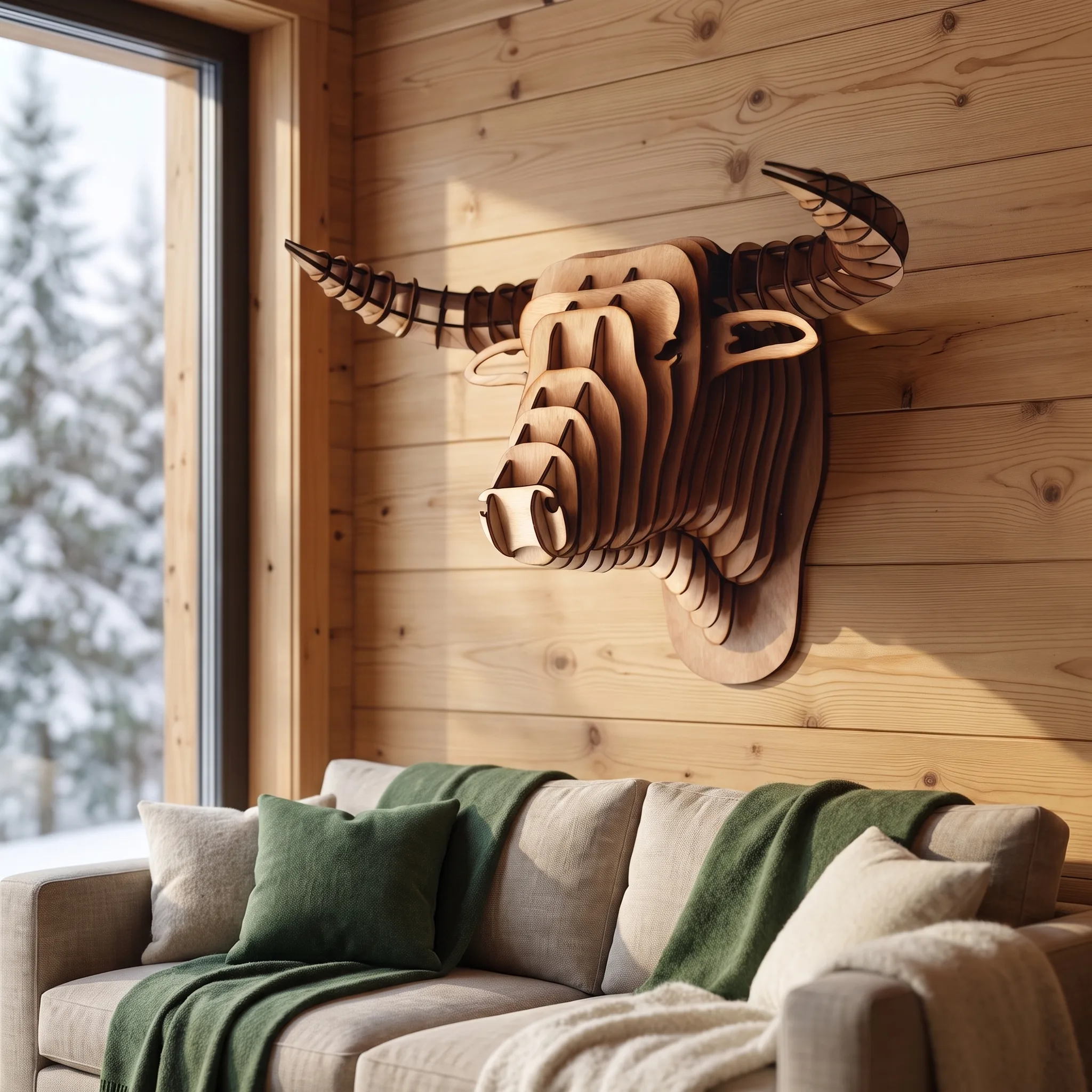 Cabeza de toro de madera en puzzle 3D montada en pared de chalet de pino, decoración de pared de naturaleza