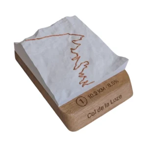 3D relief topographic map of the Col de la Loze with engraved oak base, cycling trophy made in France