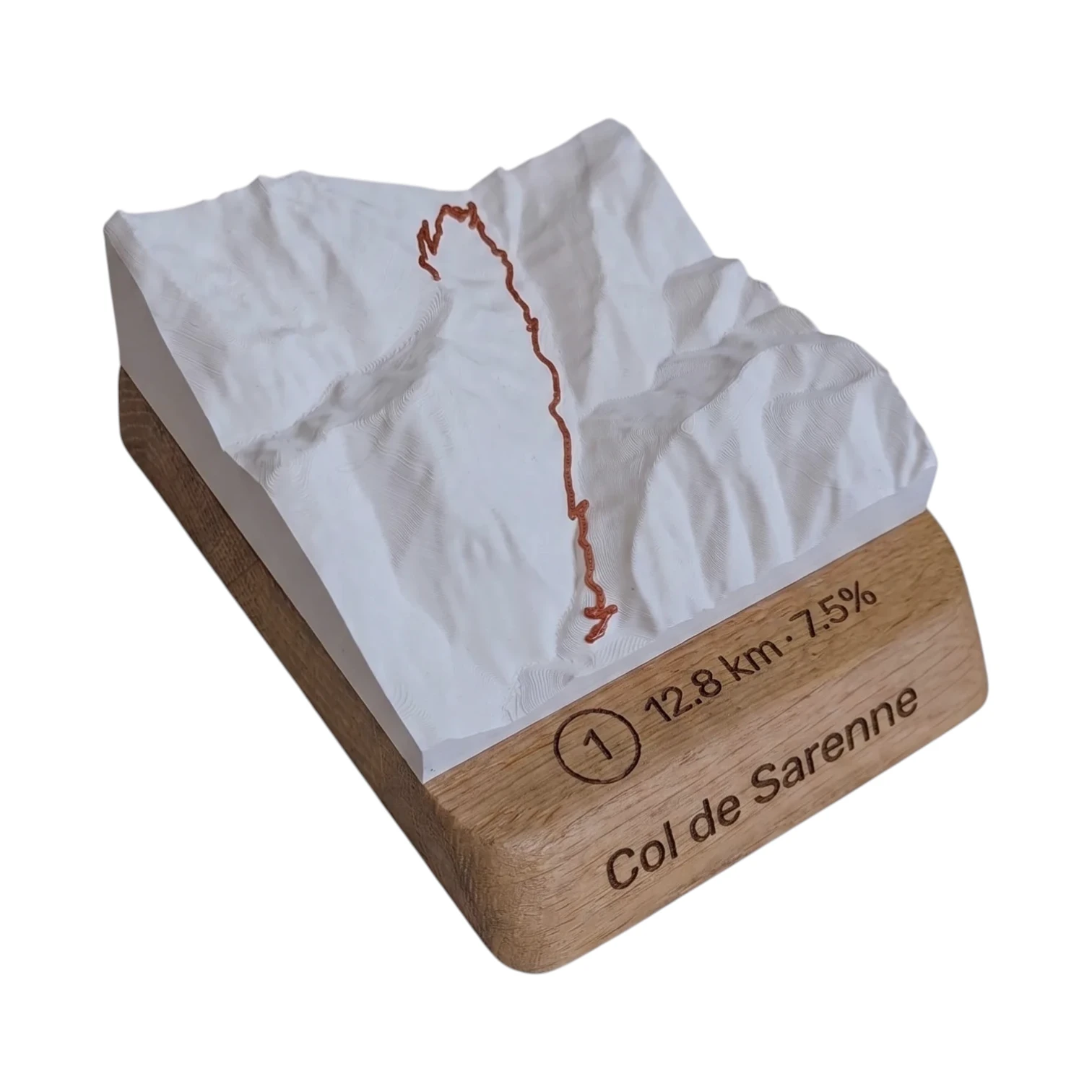 3D relief topographic map of Col de Sarenne from Lac du Chambon, engraved oak base, made in Bourg-d'Oisans