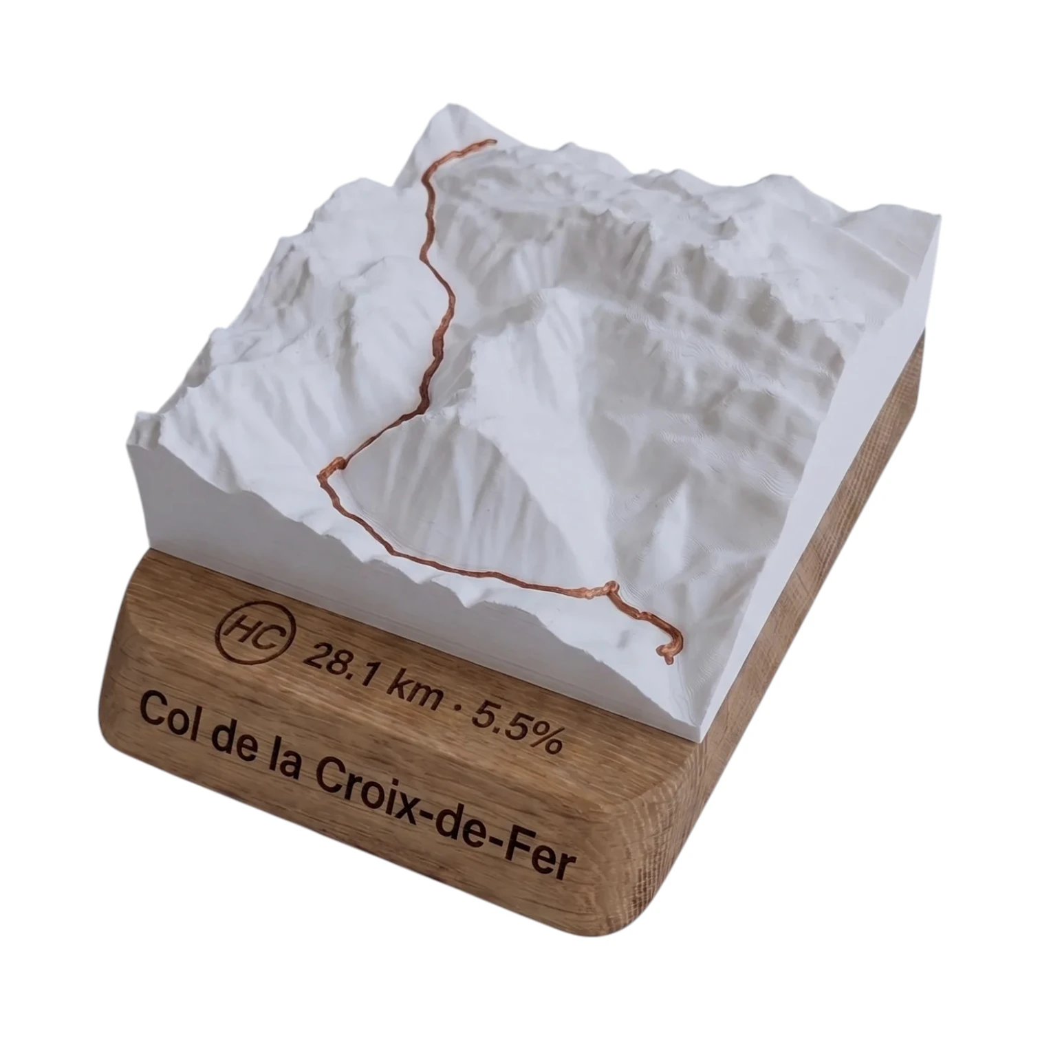 3D relief topographic map of the Col de la Croix-de-Fer on an engraved oak base, cycling trophy made in France