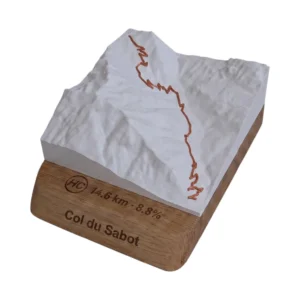 3D topographic relief map of Col du Sabot with raised path and engraved oak base