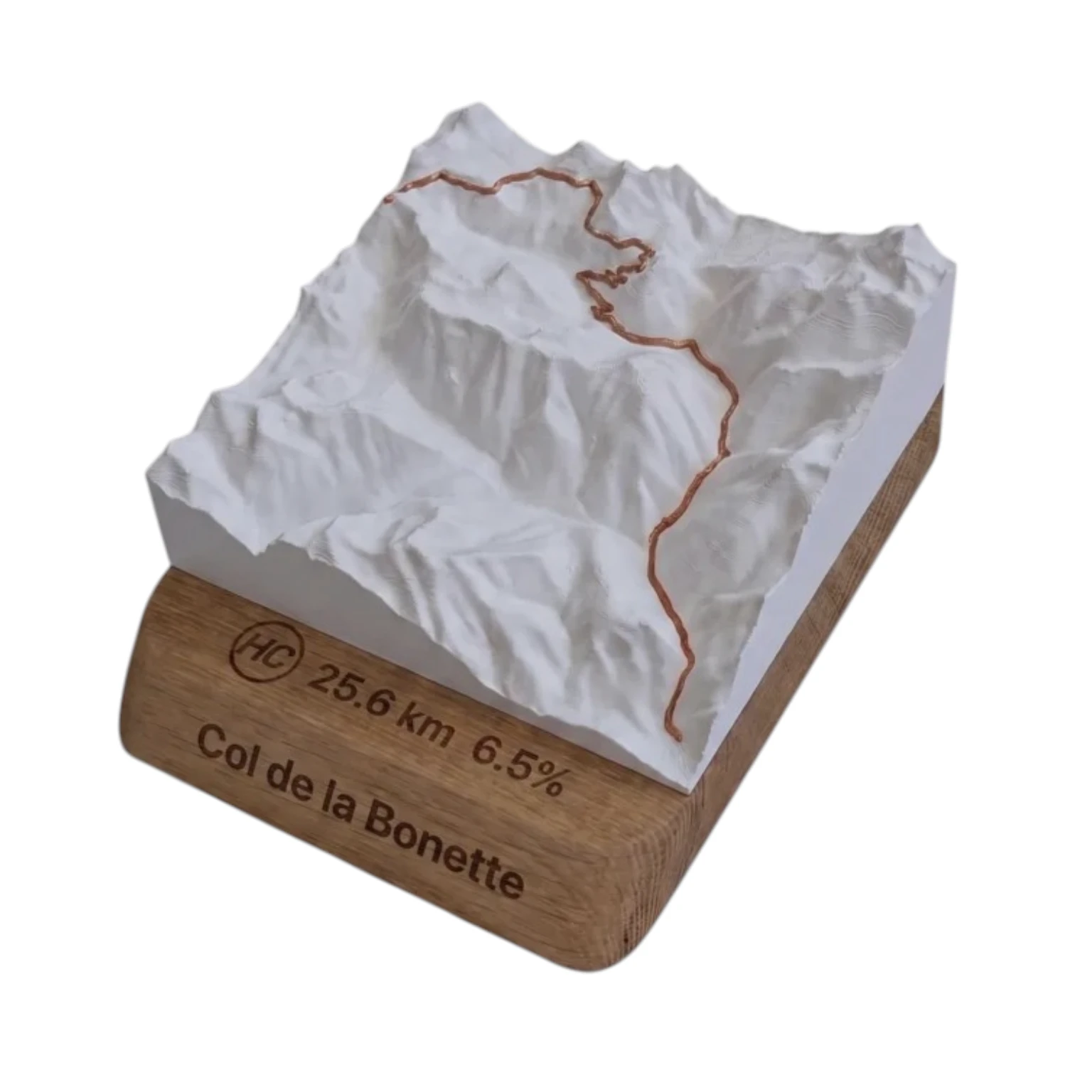 3D embossed relief topographic map of Col de la Bonette with engraved oak base and gift box, made in France