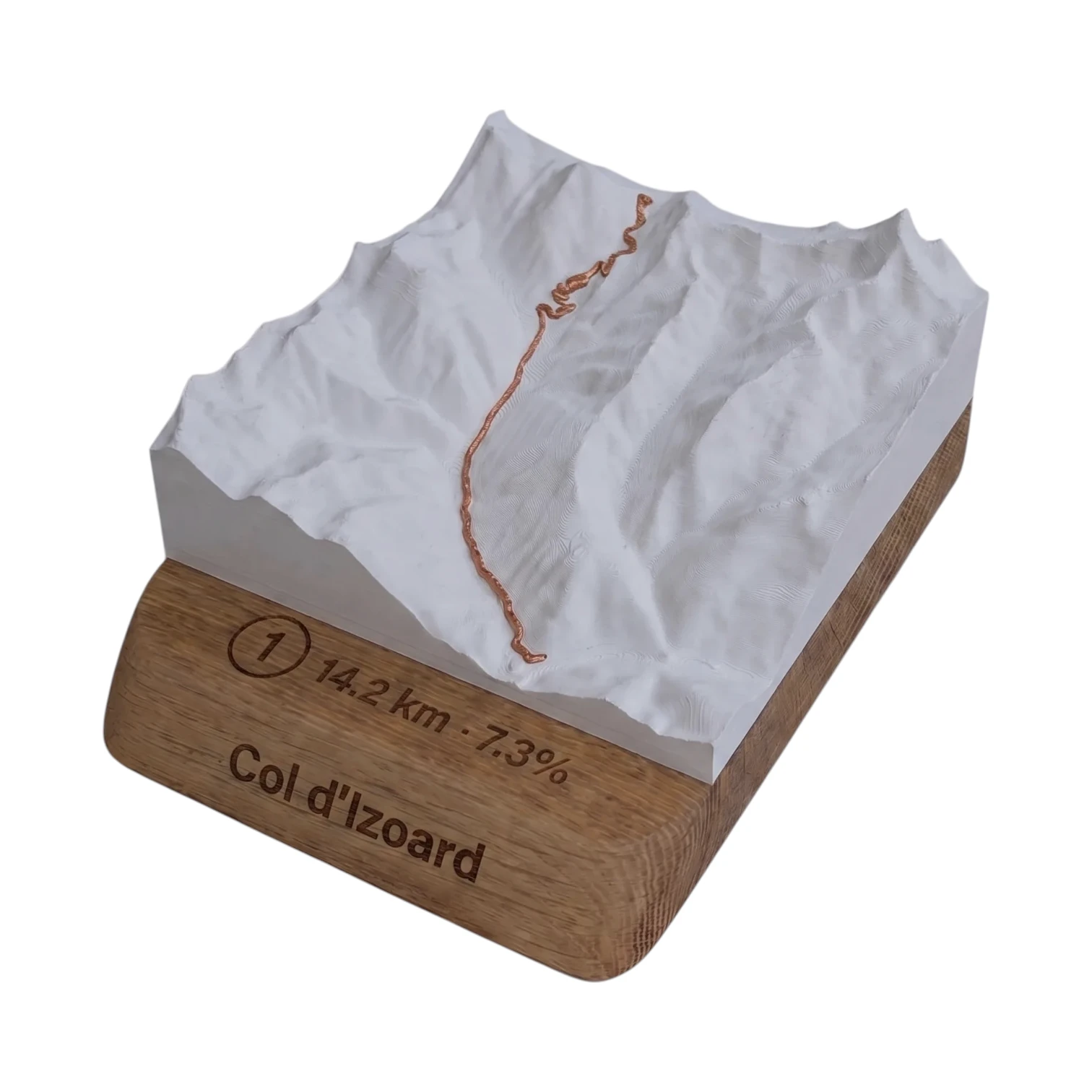 3D relief topographic map of Col d'Izoard with raised route and engraved oak base, made in France by 3D Mountain