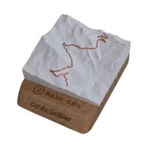 3D relief map of the Galibier Pass with engraved oak base and raised relief of the ascent