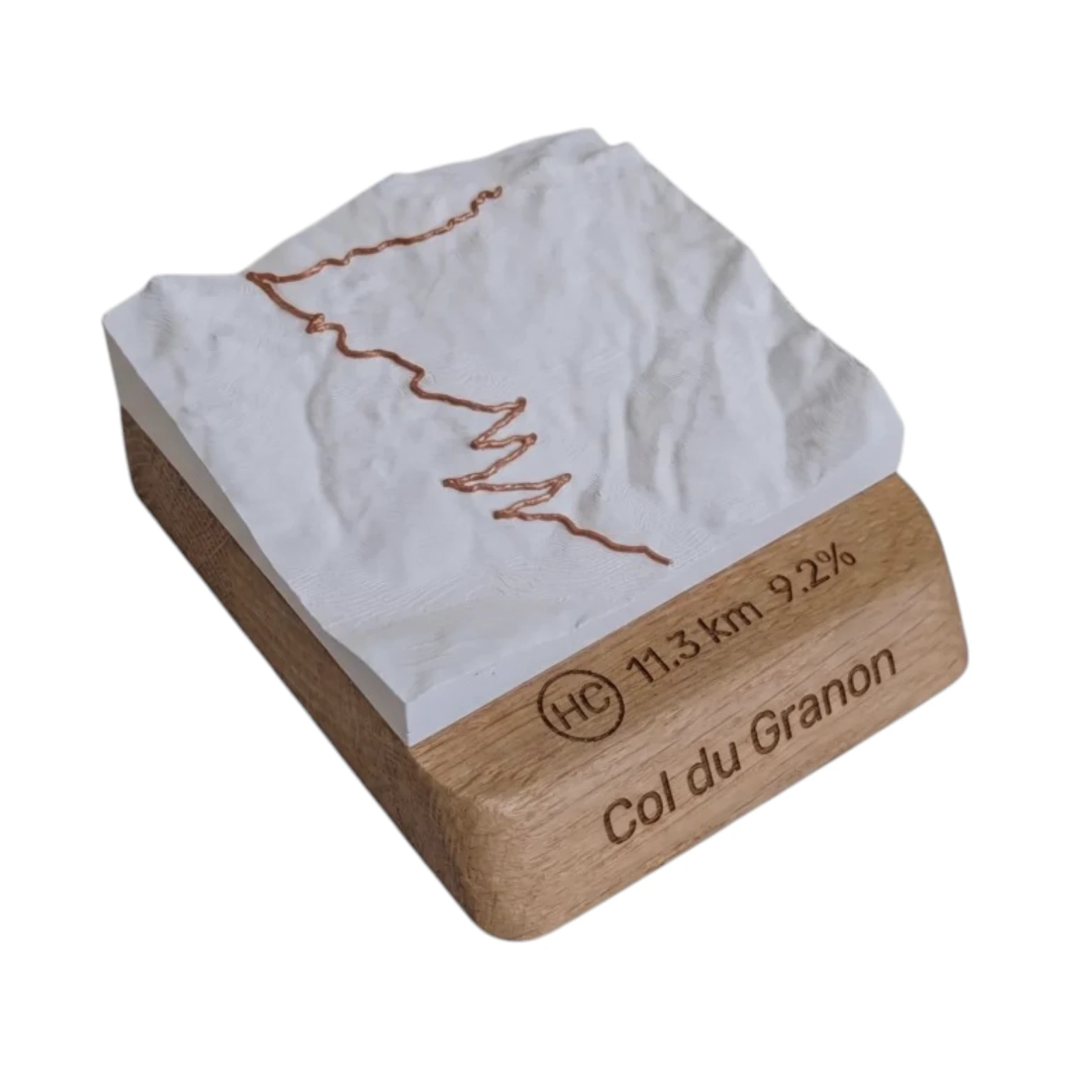 3D embossed topographic map of Col du Granon with engraved oak base, made by 3D Mountain in Bourg-d'Oisans