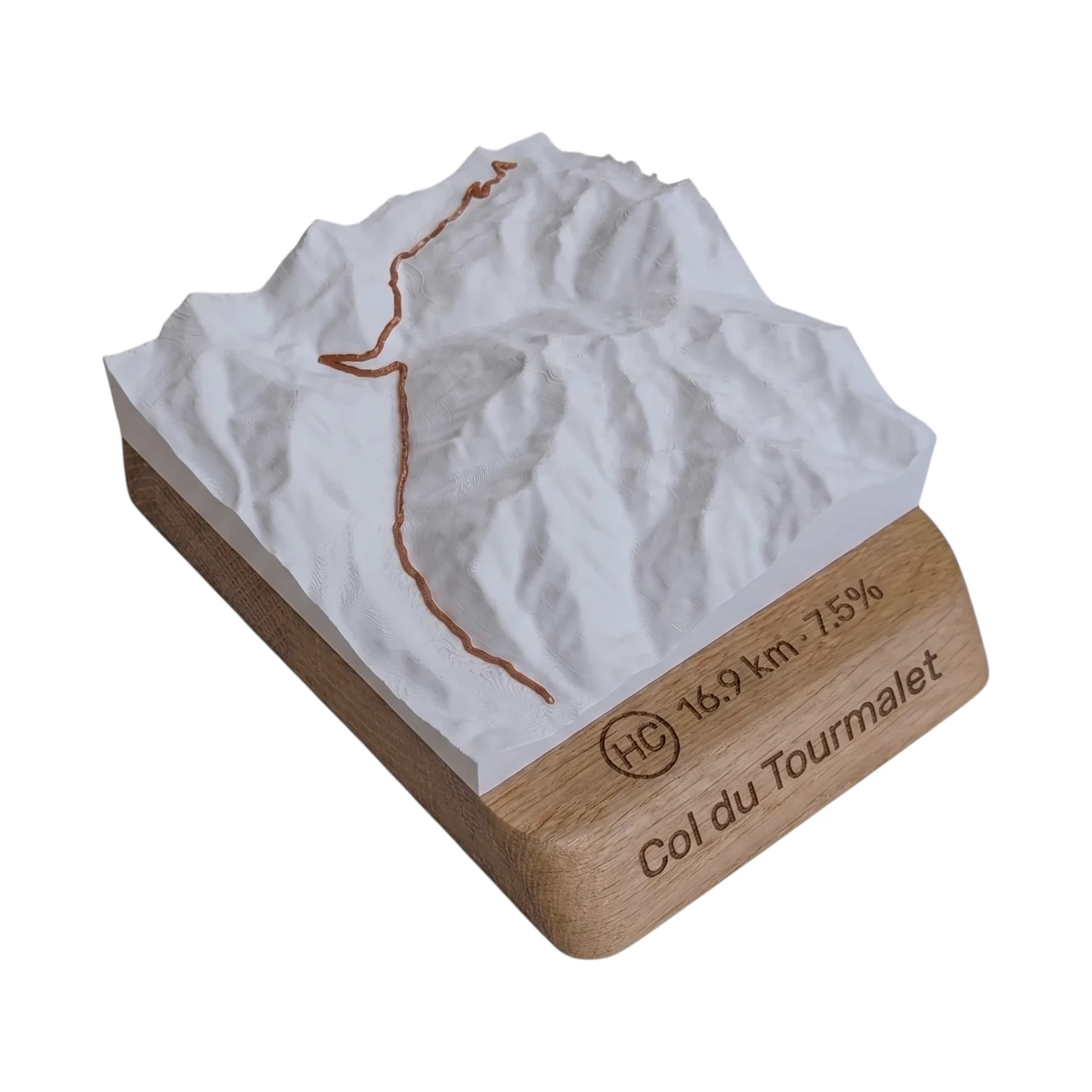 Raised relief 3D topographic map of the Col du Tourmalet with contour lines plotted on an engraved oak base, made in France