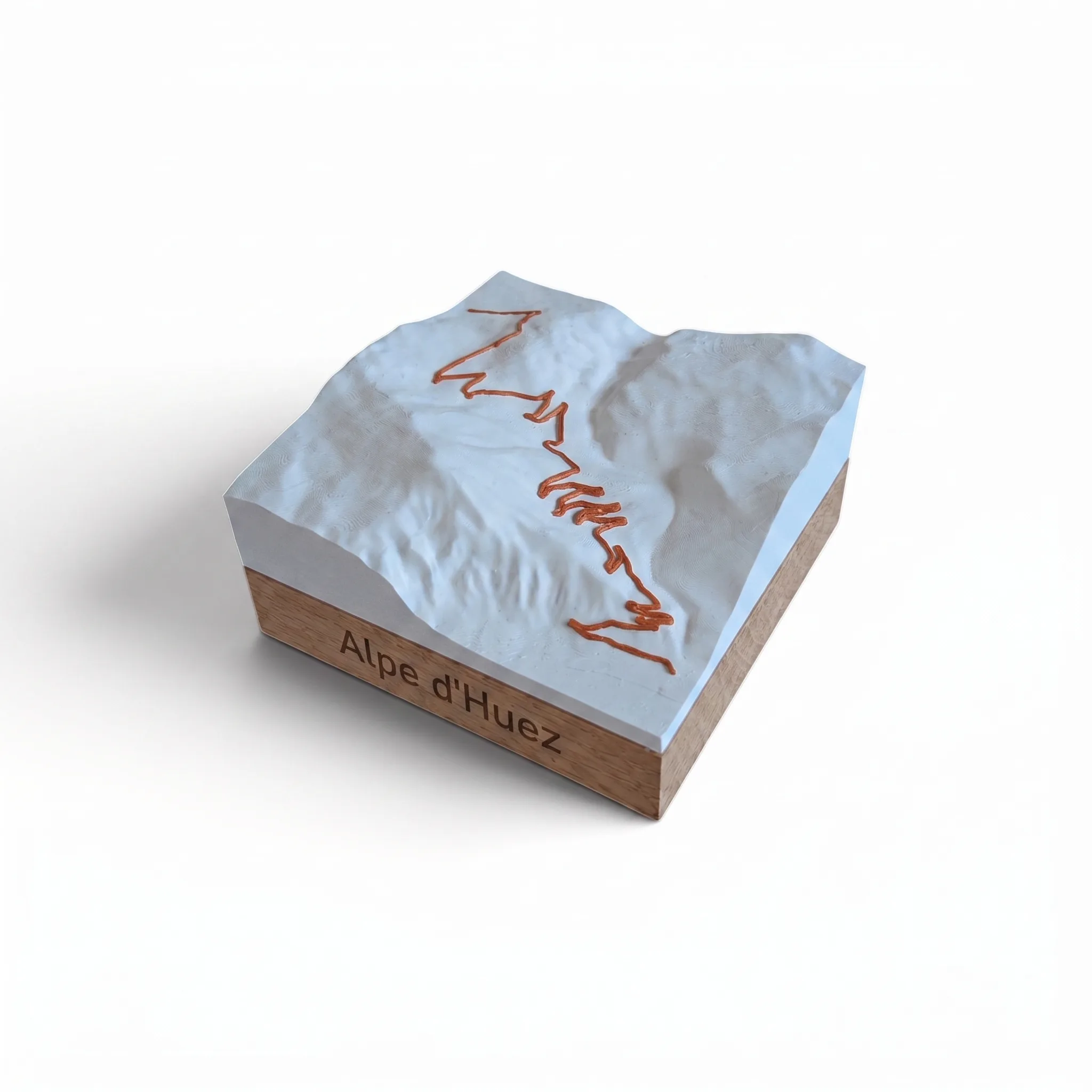 Carte 3D Alpe d'Huez – Trophée topographique relief du col mythique — Socle carré · Blanc mat / Cuivre